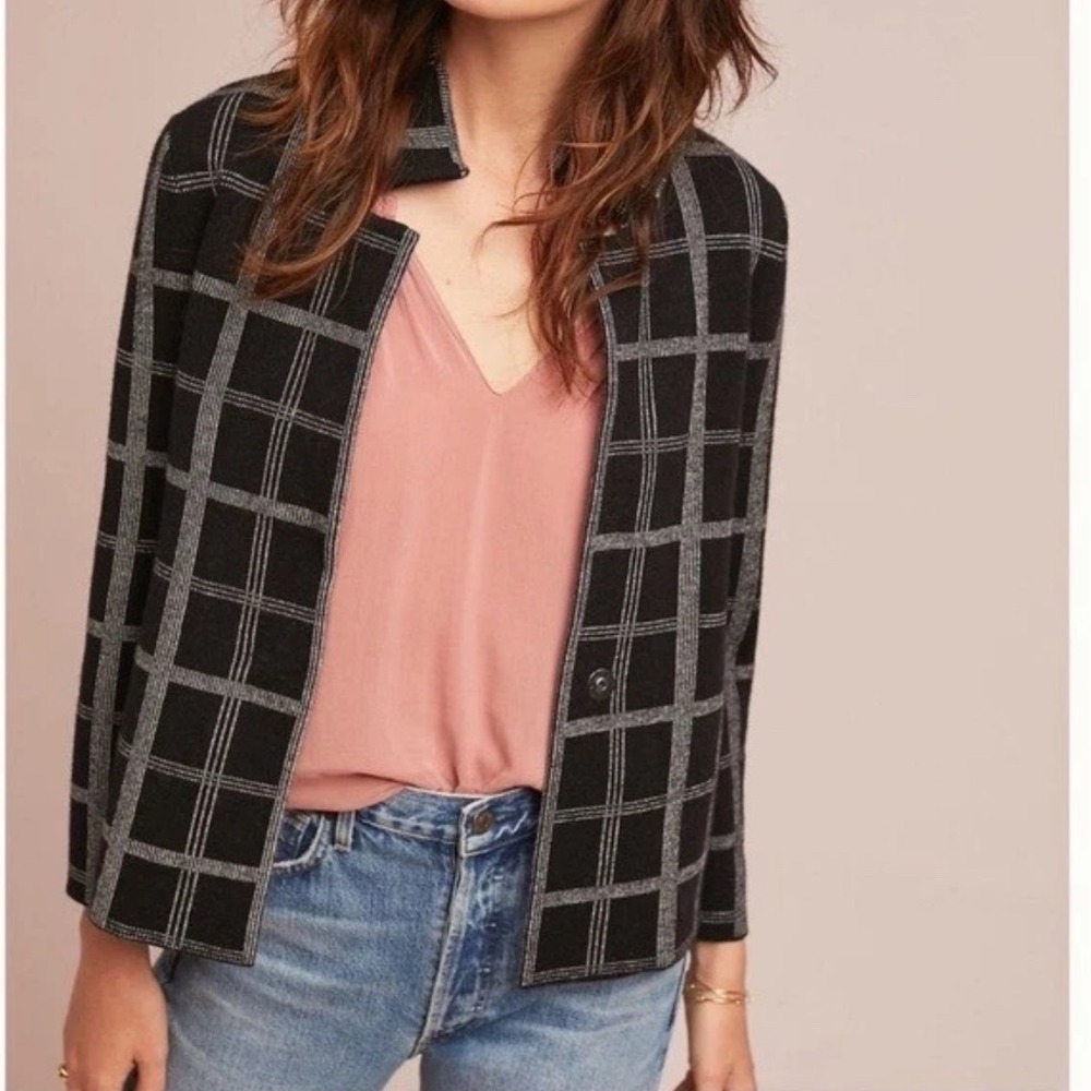 Moth Anthropologie Black White Windowpane Plaid Knit Cardigan Jacket Medium